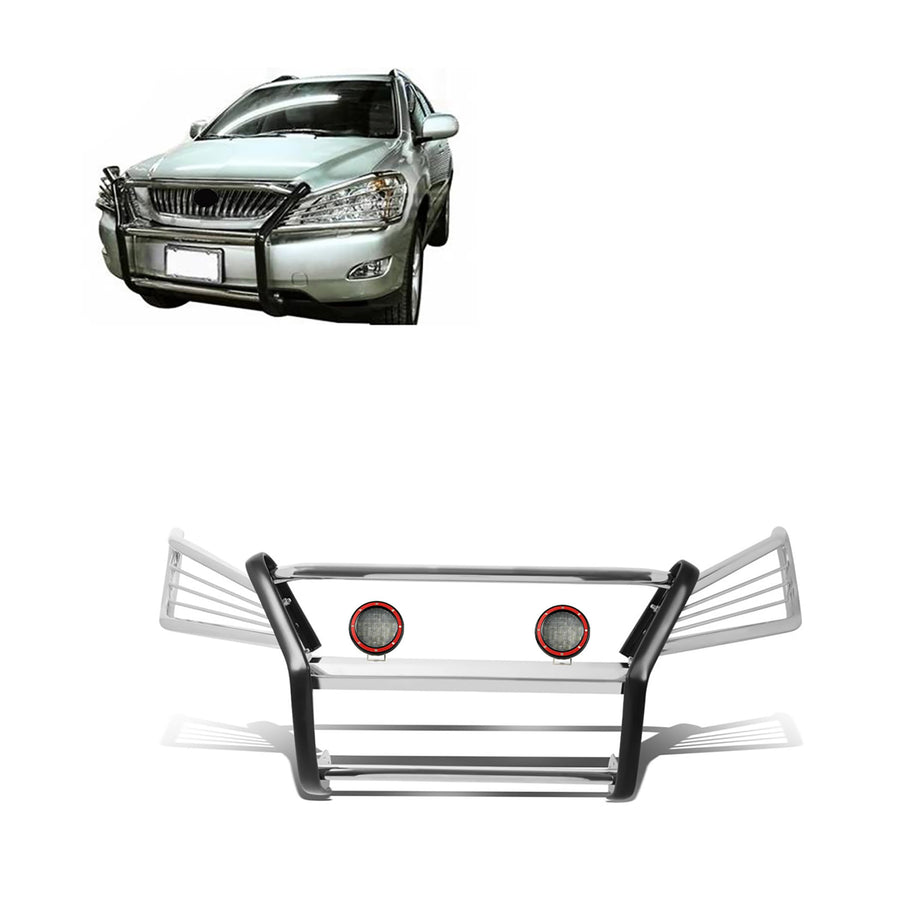 Grille Brush Black Horse Bumper Guard Modular Stainless Steel Come with Pair of 5.3" Dia.LED Lights with Red Trim Rings Compatible with 2004-2006 Lexus RX330|2007-2009 Lexus RX350-17G80330MSS-PLFR