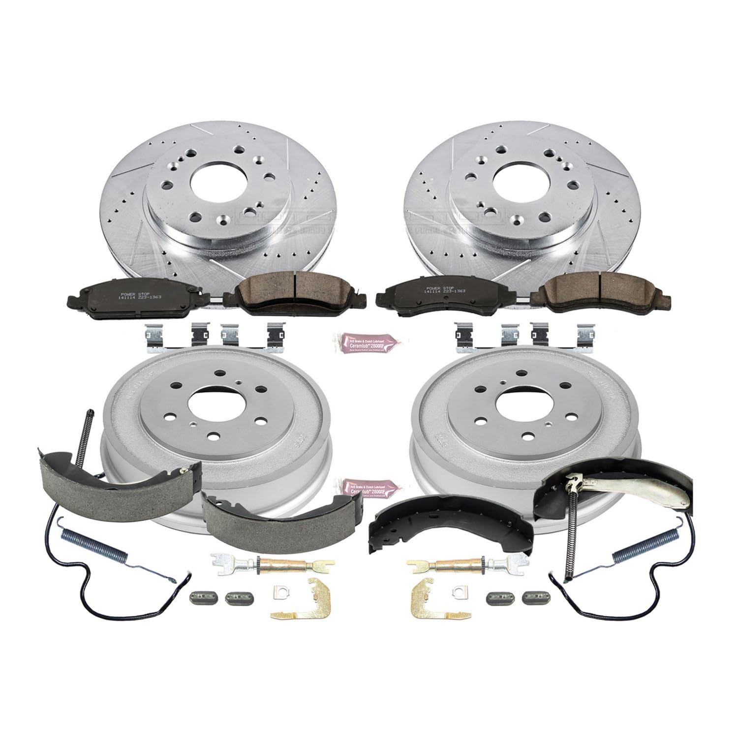 Power Stop K15238DK Z23 Carbon Fiber Brake Pads Front and Rear with Drilled and Slotted Brake Drums Kit For 2007 2008 Silverado 1500 Sierra 1500