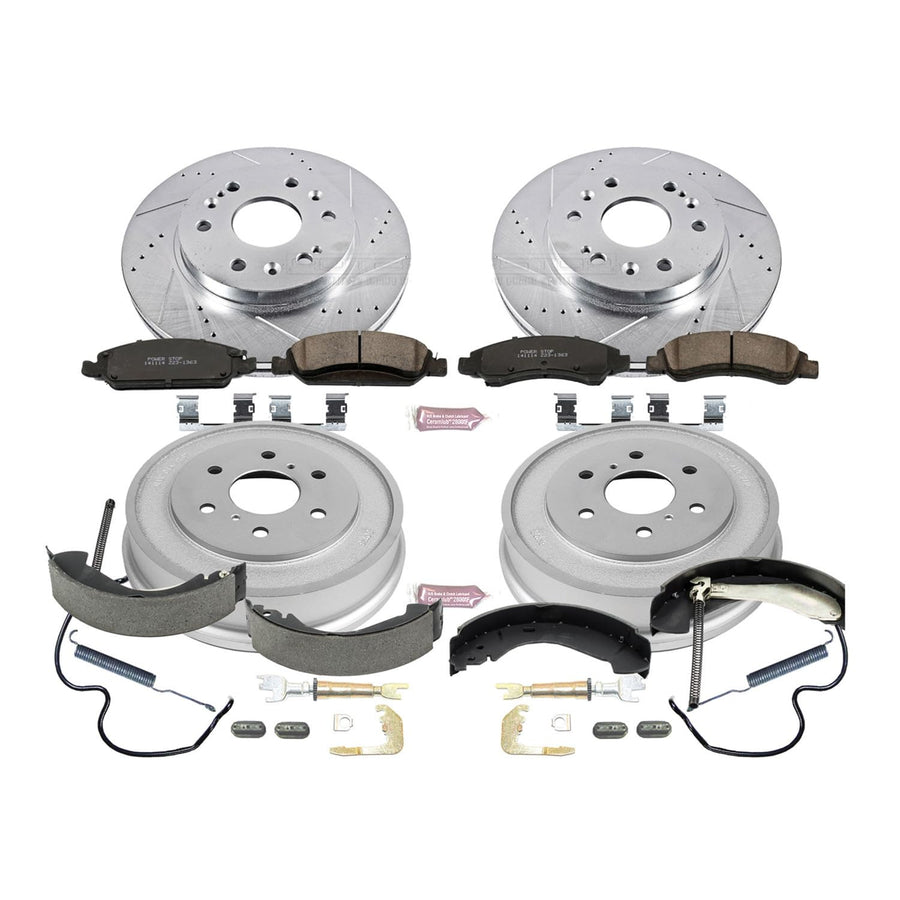 Power Stop K15238DK Z23 Carbon Fiber Brake Pads Front and Rear with Drilled and Slotted Brake Drums Kit For 2007 2008 Silverado 1500 Sierra 1500