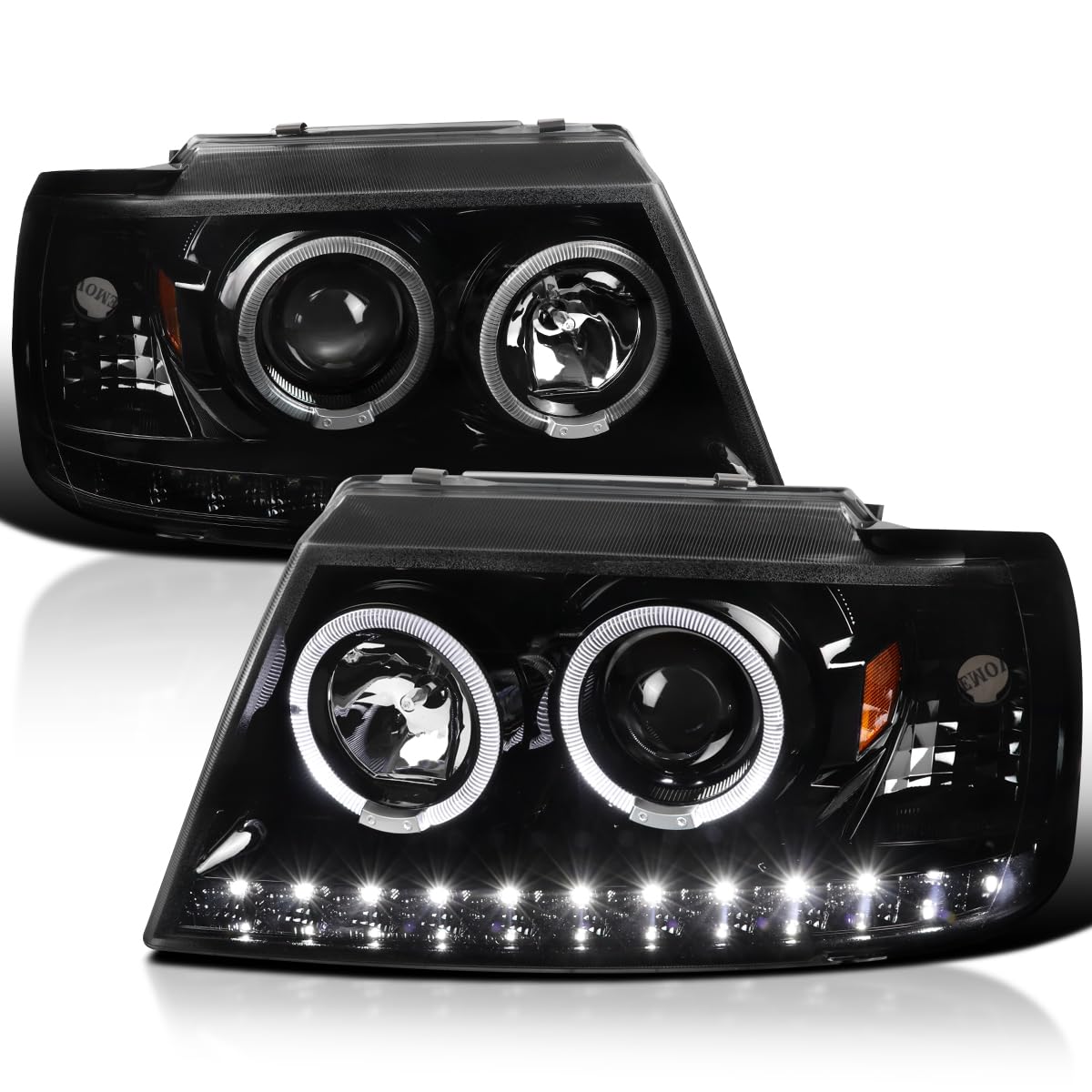 Jet Black LED Halo Projector Headlights SPEC-D TUNING Compatible with 2002-2005 Ford Explorer, Left + Right Pair Headlamps Assembly