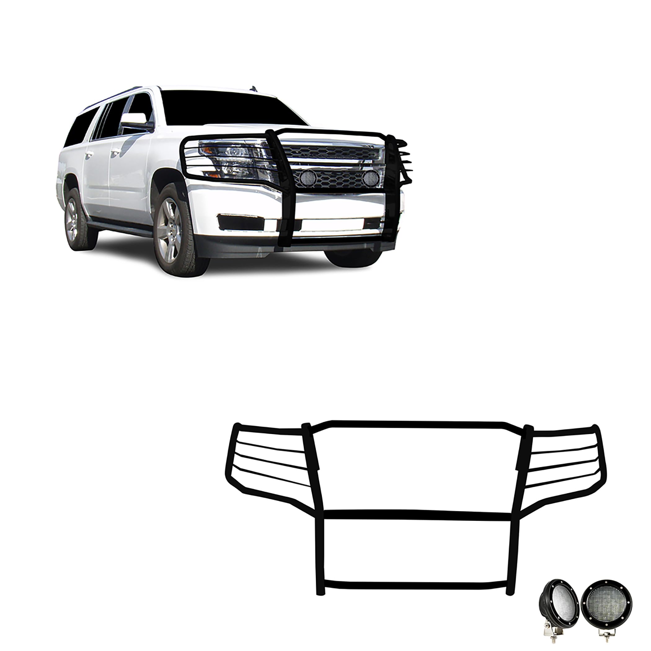Grille Brush Black Horse Bumper Guard Modular Come with Pair of 5.3" Dia.LED Lights with Black Trim Rings Compatible with 2015-2023 Chevrolet Suburban |2015-2023 Chevrolet Tahoe-17GT20MA-PLFB
