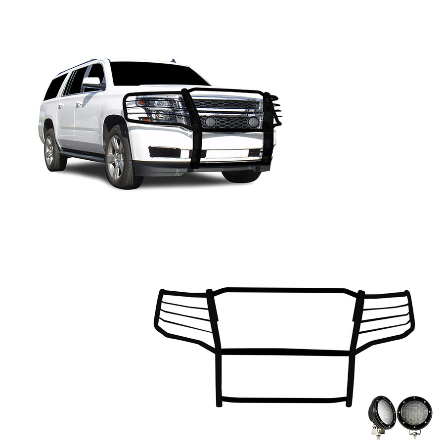 Grille Brush Black Horse Bumper Guard Modular Come with Pair of 5.3" Dia.LED Lights with Black Trim Rings Compatible with 2015-2023 Chevrolet Suburban |2015-2023 Chevrolet Tahoe-17GT20MA-PLFB