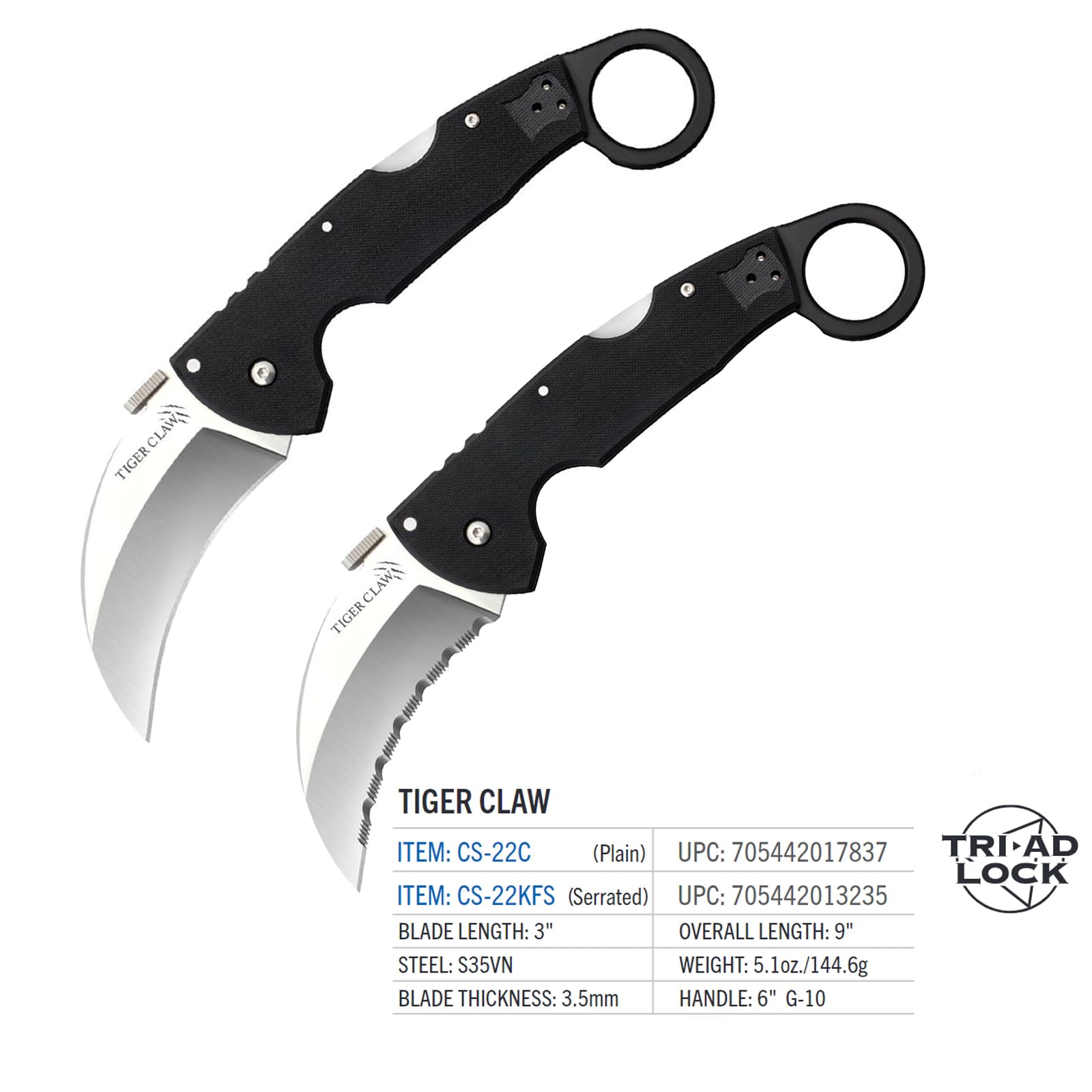 Tiger Claw Cold Steel Folding Knife with Tri-Ad Lock and Pocket Clip, Plain Edge, 3.25 in