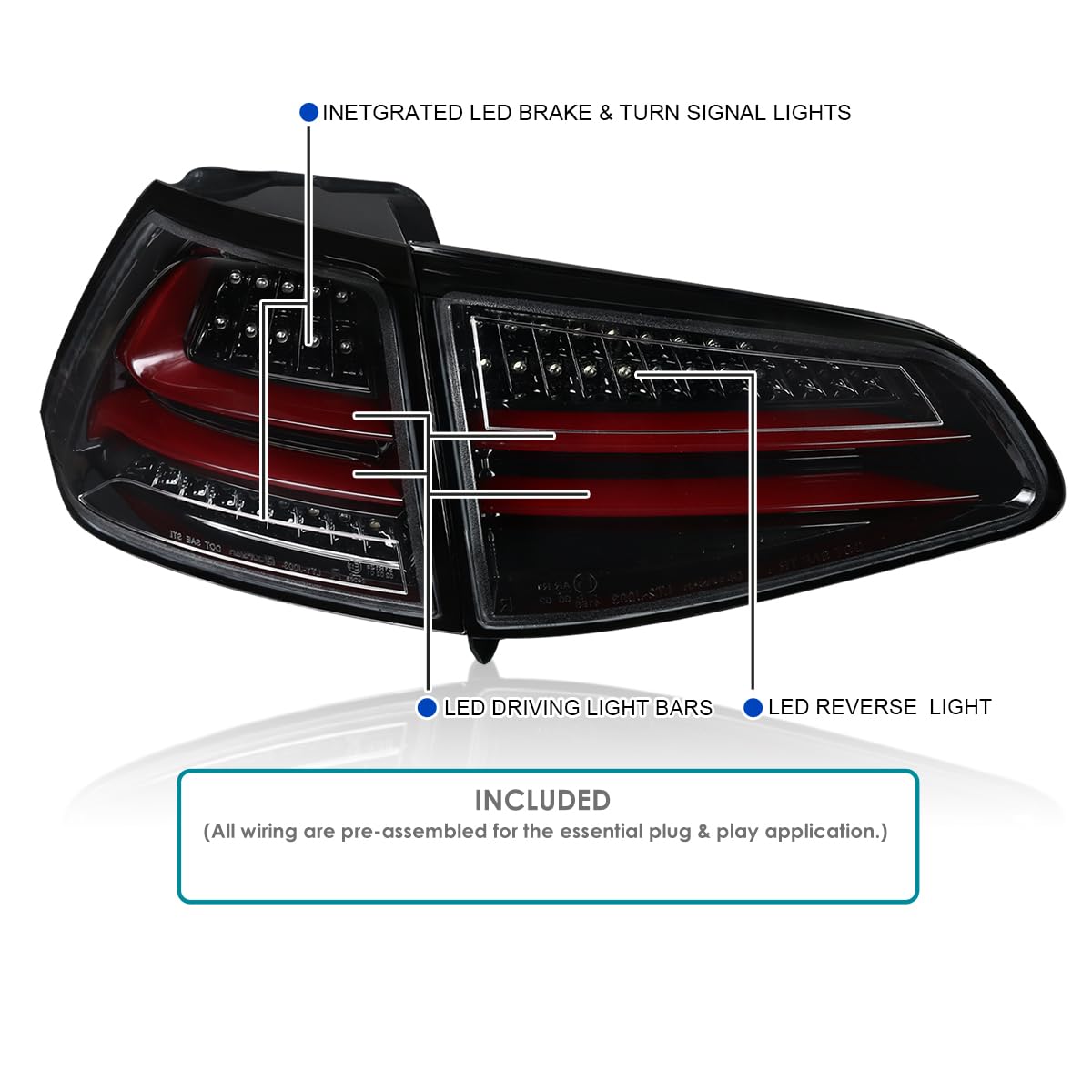 Jet Black Housing SPEC-D TUNING Red LED Bar Tail Lights Compatible with 2015-2017 Volkswagen Golf GTI Models, Left + Right Pair Assembly