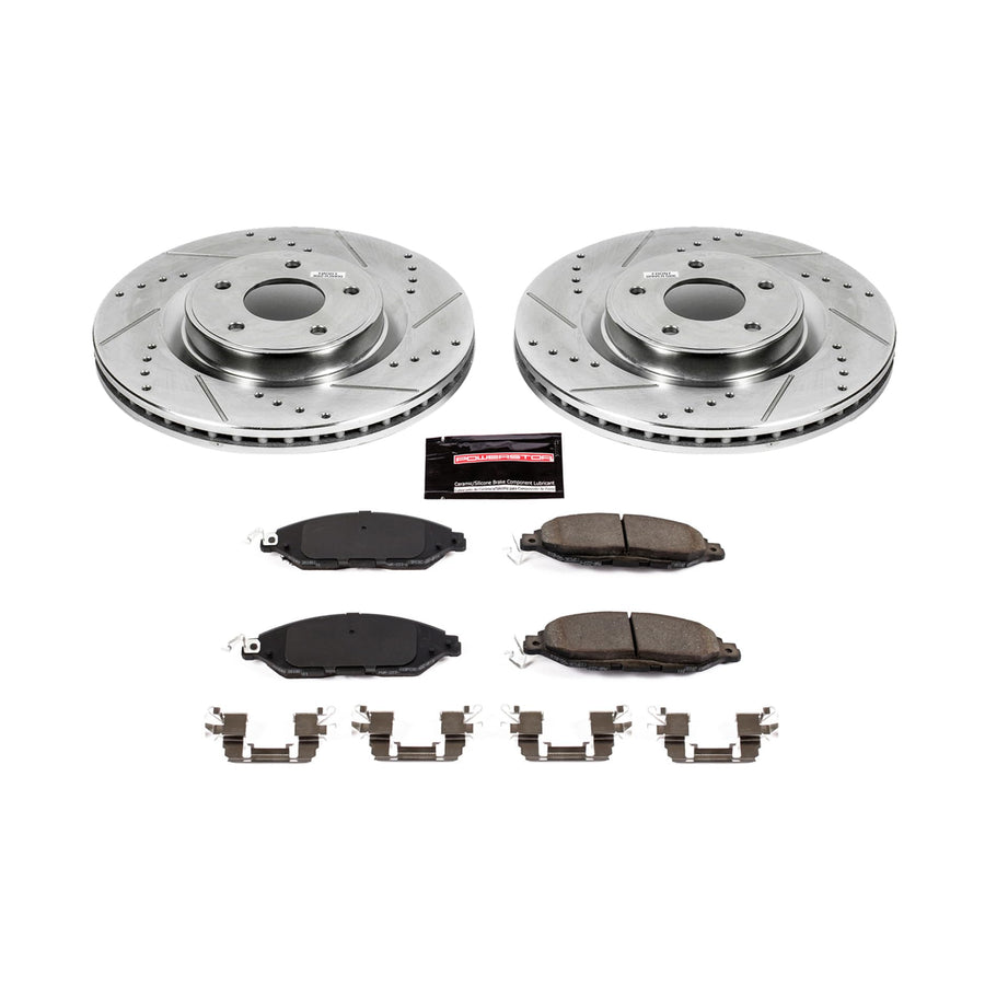 Power Stop K6496 Brake Kit Front For 2014-2019 QX60 | 2015-2022 Murano | 2013 2014 2015 2016 2017 2018 2019 Pathfinder Z23 Carbon Fiber Brake Pads with Drilled and Slotted Brake Rotors