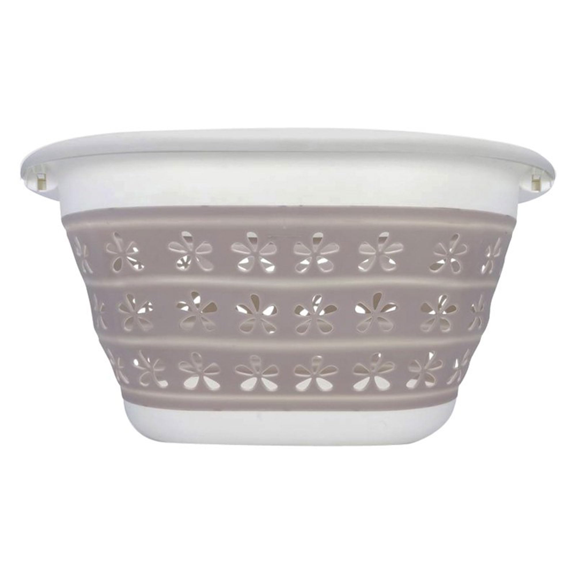Collapsible Camco Laundry Basket | Features Simple Pop-Open & Collapse-Down Design | Waterproof for Easy Clean-Up | Measures 14.5” x 19.75” x 2.5”/10” Collapsed/Expanded, Taupe & White (51951)