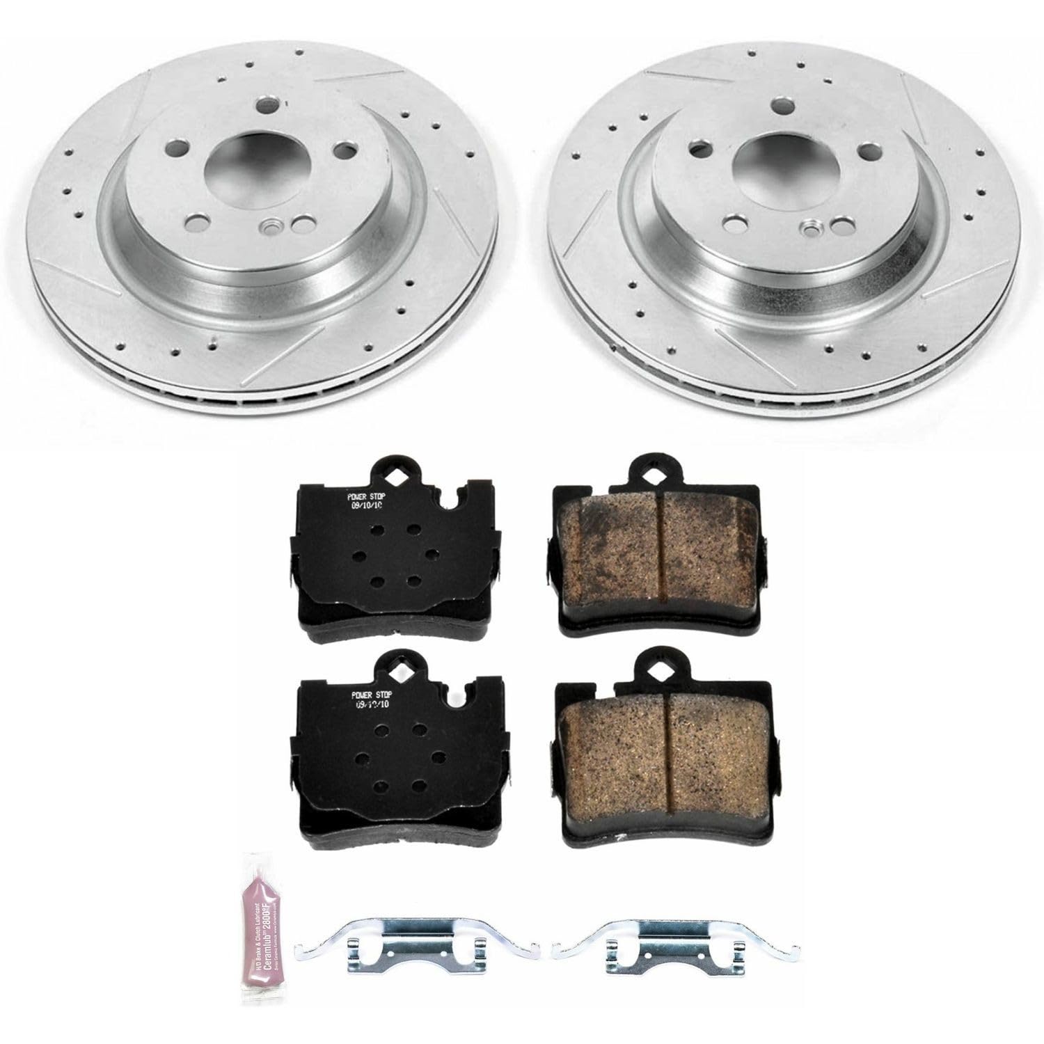 Power Stop K2997 Rear Brake Pads Z23 Carbon Fiber with Drilled & Slotted Brake Rotors Kit and 2 Rear Sensor Wires