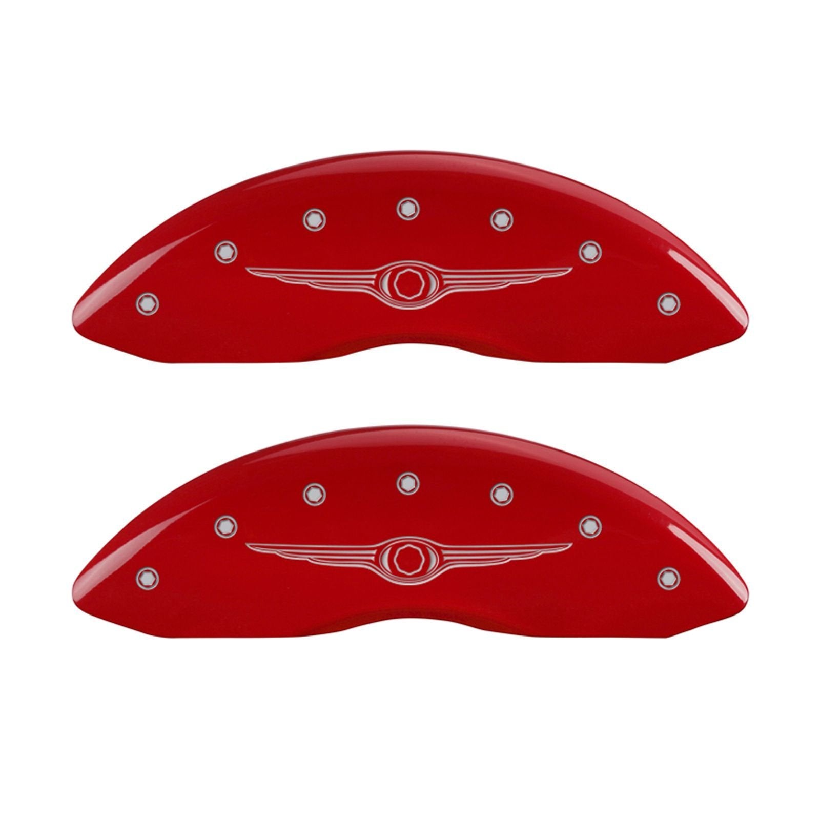MGP Caliper Covers Front and Rear 32009SCW1RD Red Powder Coat Finish, Set of 4 (Style 1/Chrysler Wing Silver Characters, Engraved)