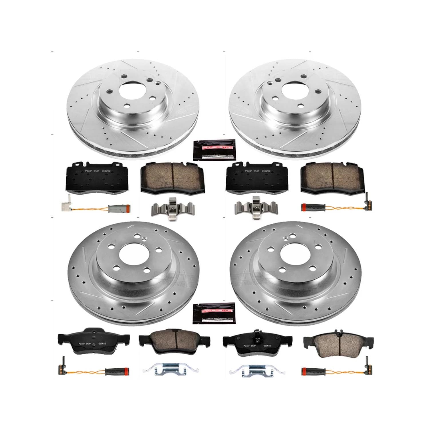 Power Stop K4522 Z23 Carbon Fiber Brake Pads Front and Rear with Drilled & Slotted Brake Rotors Kit and 2 Front & 2 Rear Sensor Wires For Mercedes-Benz E350 2007-2009 [Model Specific]