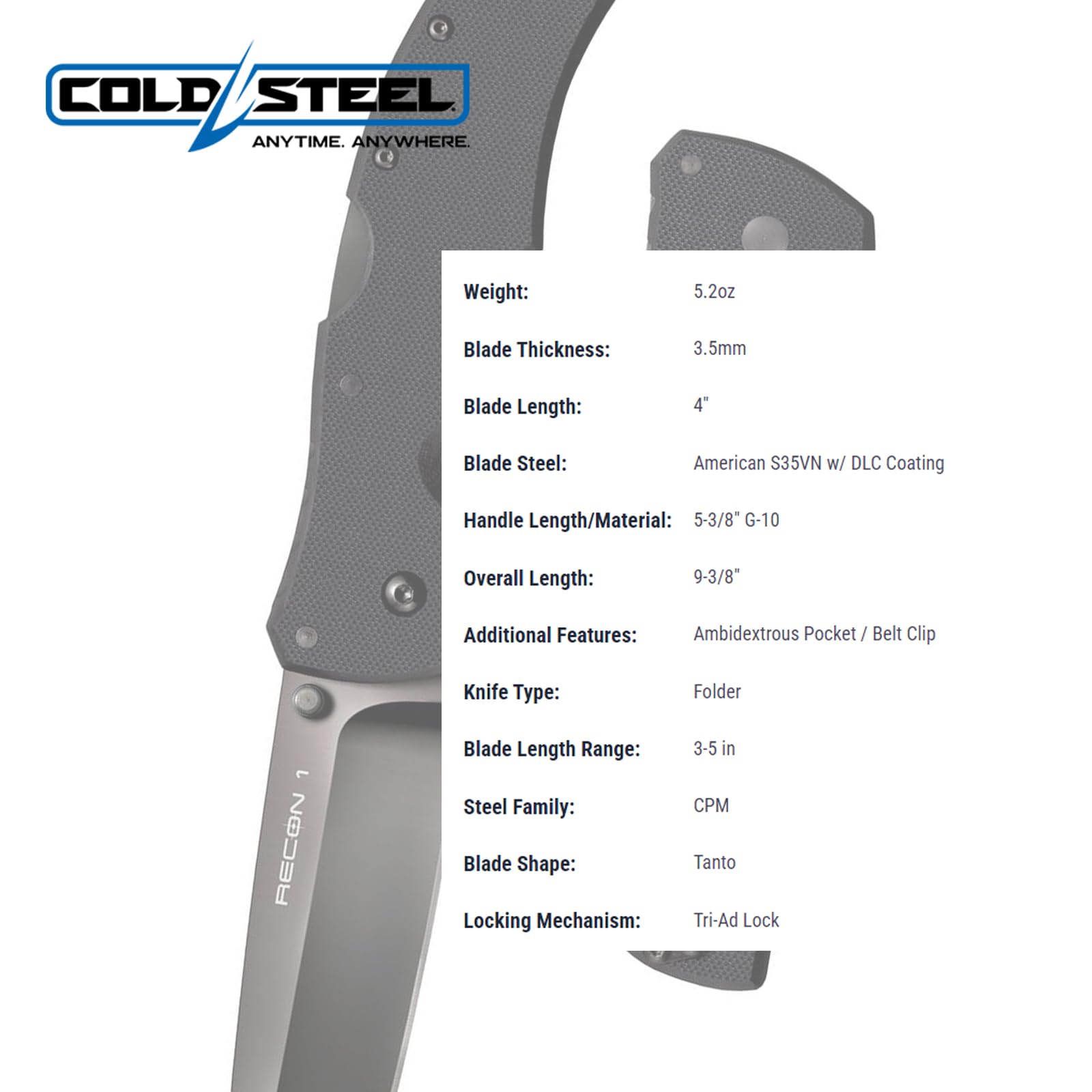 Recon 1 Series Cold Steel Tactical Folding Knife with Tri-Ad Lock and Pocket Clip - Made with Premium CPM-S35VN Steel, Tanto Plain Edge