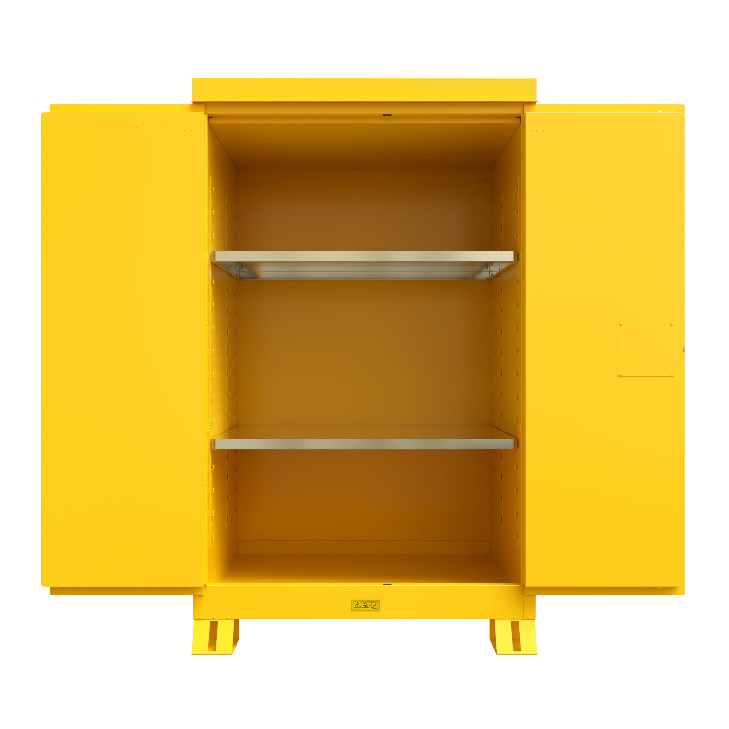 Justrite Outdoor Reinforced Steel Flammable Liquid Storage Cabinet, 2 Shelves with 350 lb. Capacity, 2 Manual-Close Door Fire Cabinet, 90 Gallon, 72" x 43" x 38", Yellow, 819000