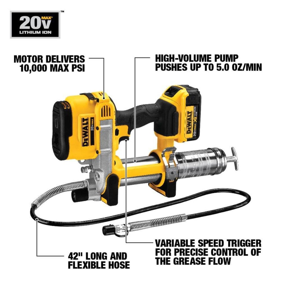 20V MAX DEWALT Grease Gun Kit with 4.0Ah Battery and Charger, Cordless Grease Gun, LED Light, 42” Hose, 10,000 PSI, Variable Speed Triggers (DCGG571M1)