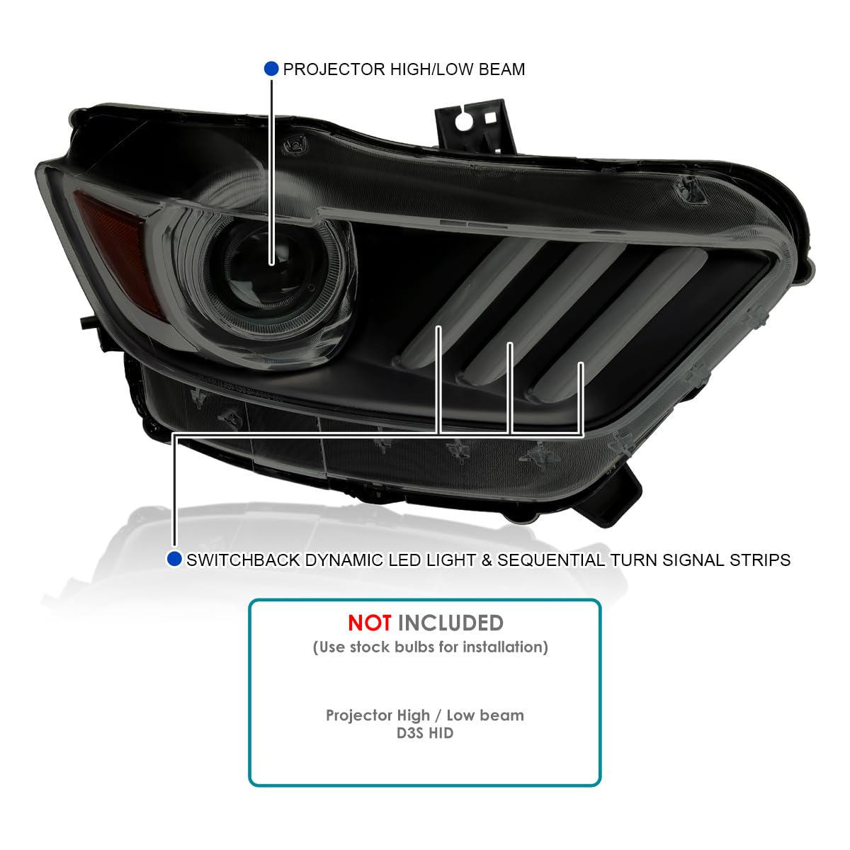 Black Smoke SPEC-D TUNING Projector Headlights w/LED Sequential Switchback Turn Signal Strips and Startup Animation Compatible with 2015-2020 Ford Mustang, Left + Right Pair Headlamps Assembly