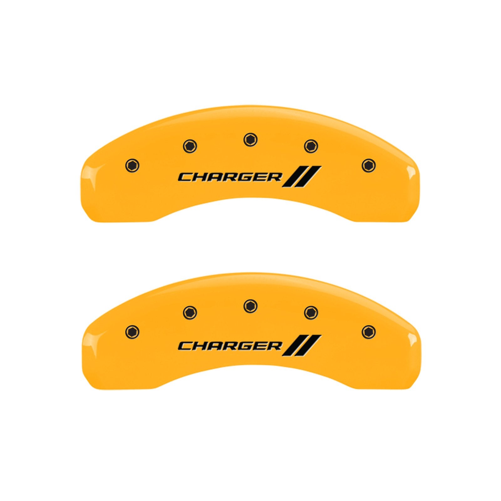 MGP 12088SCH1YL Caliper Covers Yellow (Set of 4, Engraved Front and Rear: With stripes/Charger, Yellow powder coat finish, black characters)