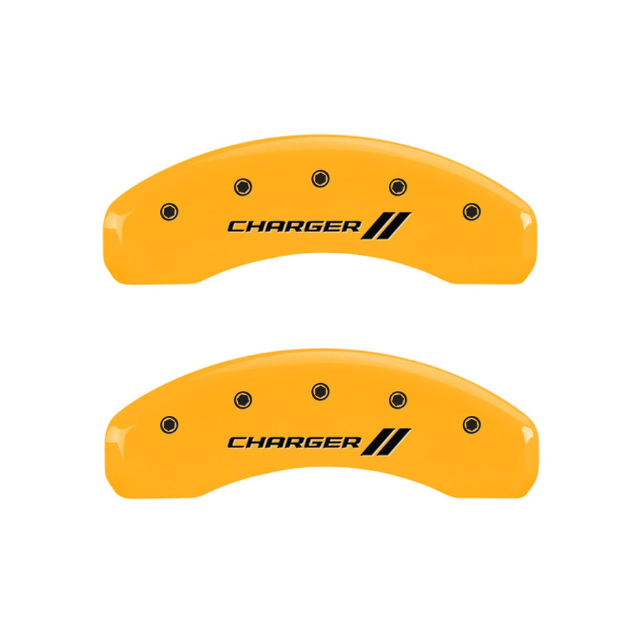 MGP 12088SCH1YL Caliper Covers Yellow (Set of 4, Engraved Front and Rear: With stripes/Charger, Yellow powder coat finish, black characters)