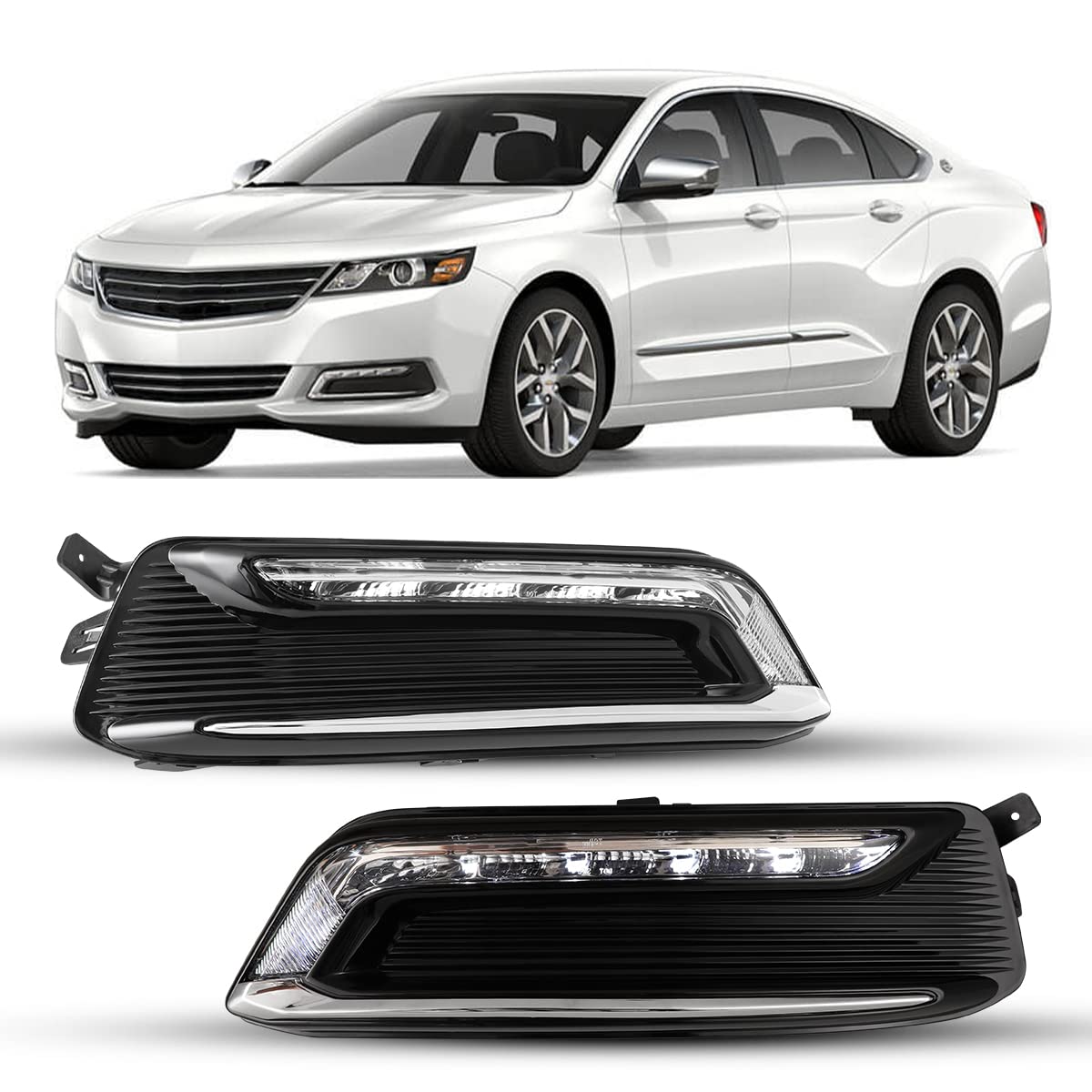 OEM Series Winjet LED Fog Light Pair Assembly Kit for [2014 2015 2016 2017 2018 2019 2020 Chevrolet Impala] Driving DRL Fog Lamp w/Fog Lights Bezel Driving Lights Wiring Kit & Switch (Clear Lens)