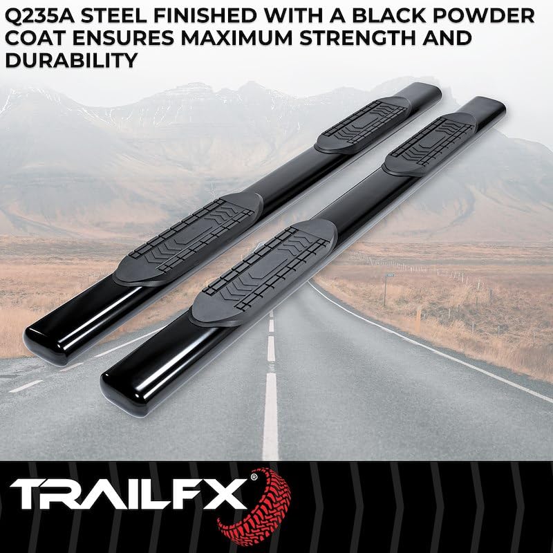 TrailFX Truck A8220B Running Board Fits Chevrolet Silverado 1500 Extended Cab 2007-2018 Oval 6 Inch Straight Side Bars with Step Pads, Black Powder Coated Steel, Welded End Caps, Rocker Panel Mount