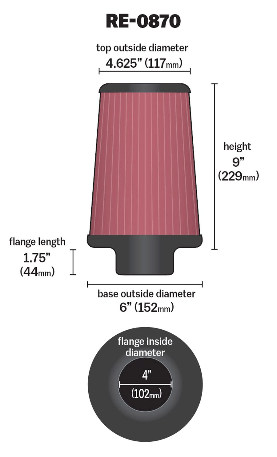 High-Flow K&N Original Lifetime Universal Clamp-On Air Filter: High Performance, Premium, Washable: Flange Diameter: 4 In, Filter Height: 9 In, Flange Length: 1.75 In, Shape: Round Tapered, RE-0870