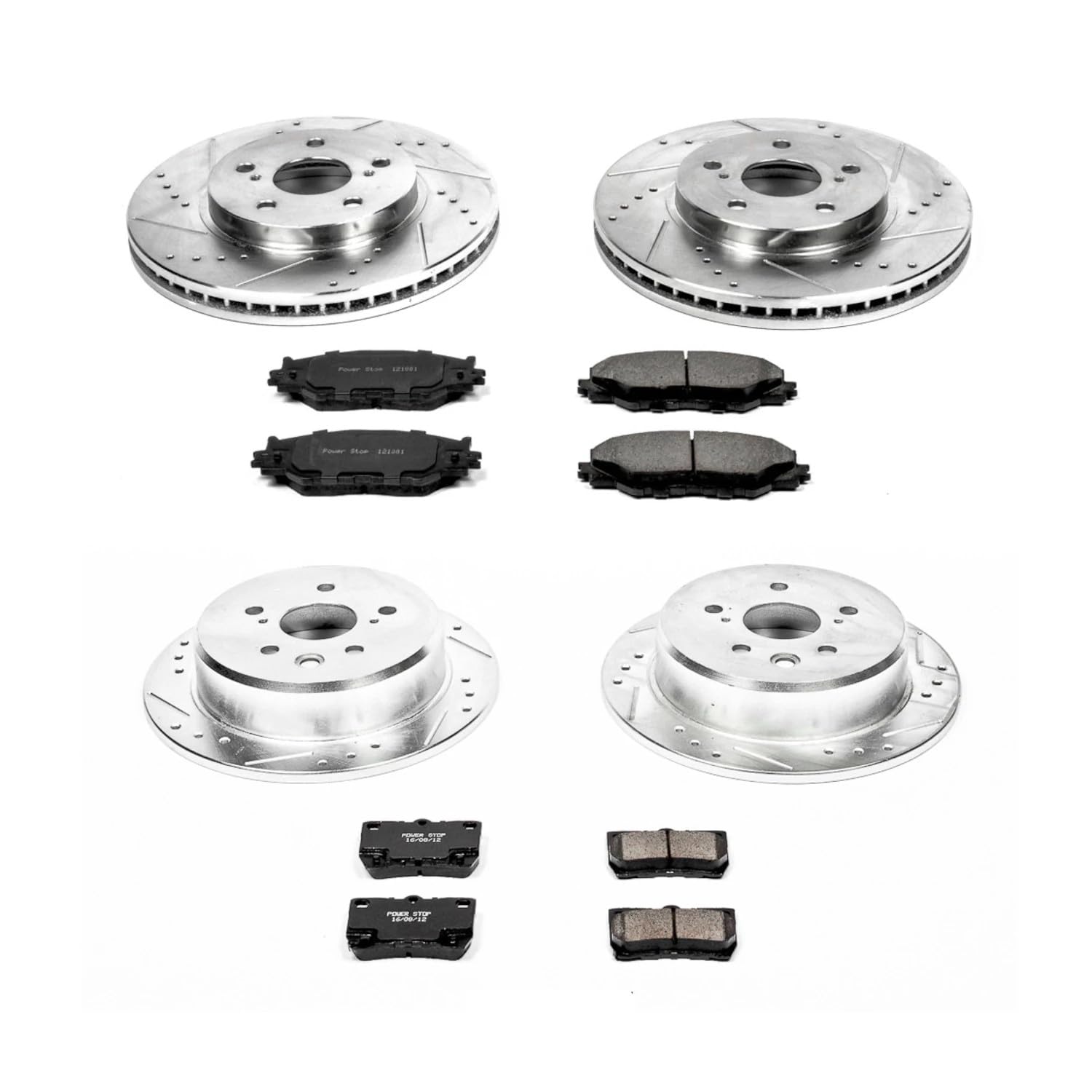 Power Stop K2407 Z23 Carbon Fiber Brake Pads Front and Rear with Drilled and Slotted Brake Rotors Kit For 2006-2013 Lexus IS250 [Models with Front Caliper Casting #60-28]