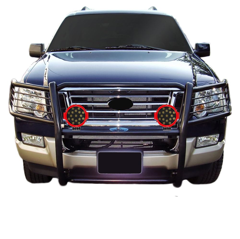 Black Horse Grille Brush Bumper Guard Black Modular Come with Pair of 7.0" Dia.LED Lights with Red Trim Rings Compatible with 2006-2010 Ford Explorer|2006-2010 Ford Explorer-17A047600MA-PLR
