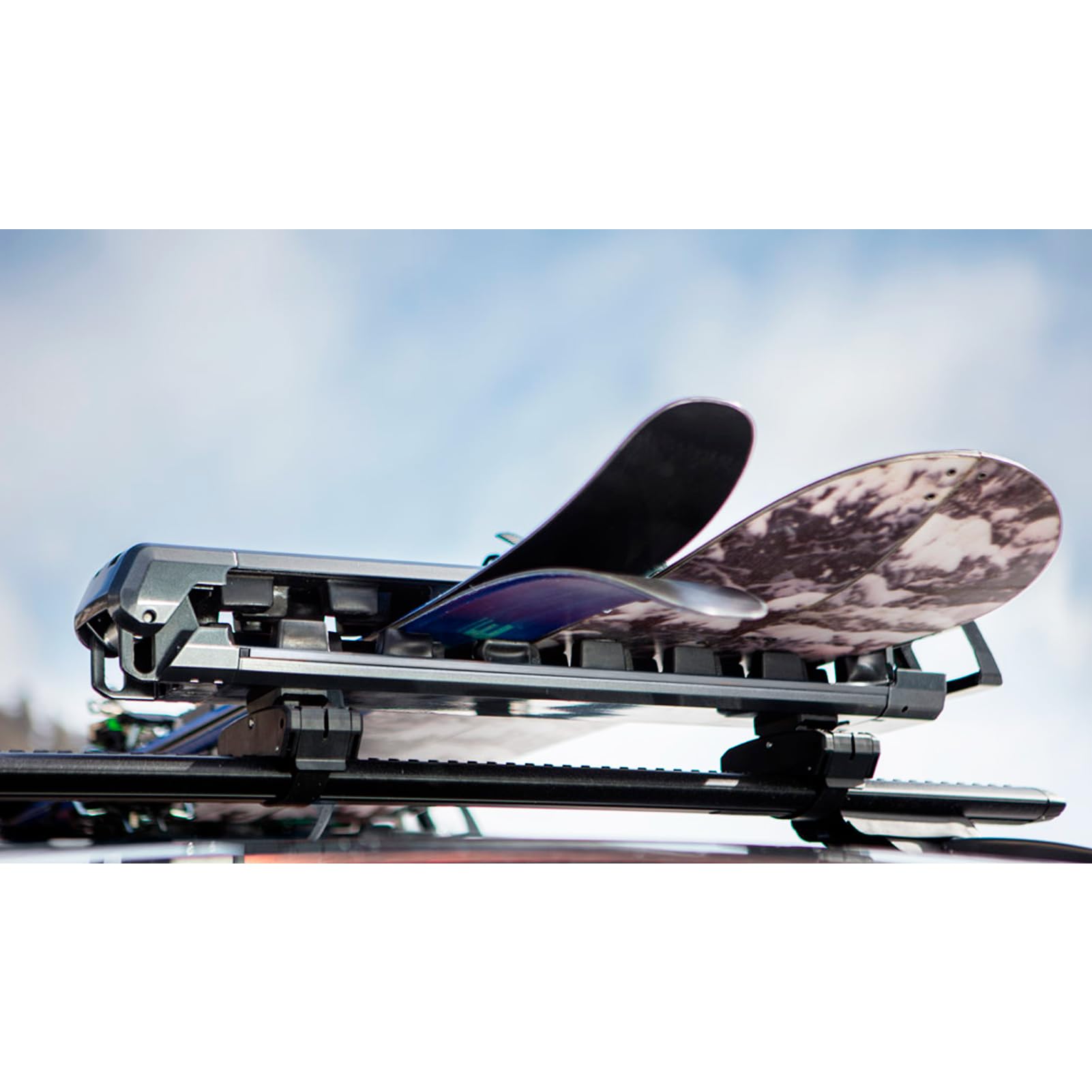 Grip 4 KUAT Durable Universal Car SUV Rooftop Crossbars Mounted Winter Sports Gear Hauling Transportation Slide-Out Locking Clamshell Rack, Fits 6 Skis/4 Snowboards - Black with Gray Anodize