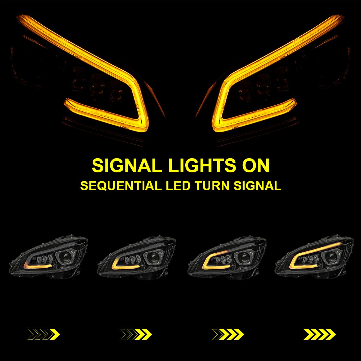 Full LED Projector Headlights SPEC-D TUNING w/Sequential Turn Signal Compatible with 2008-2011 Mercedes Benz W204 C-Class, Left + Right Pair Headlamps Assembly