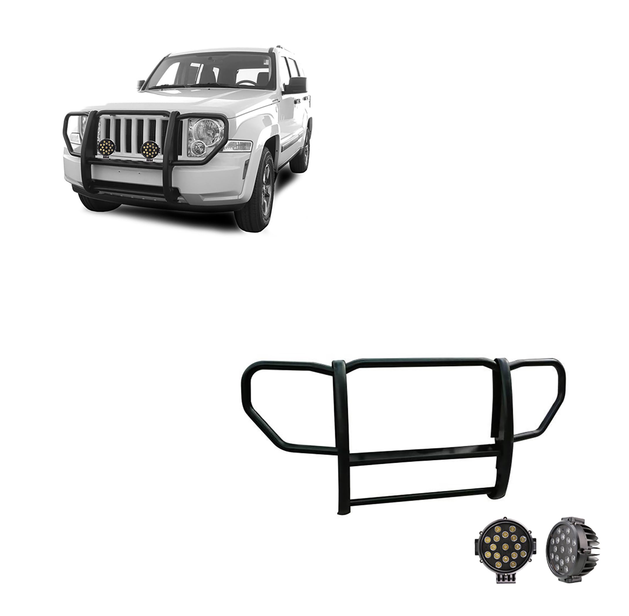 Bumper Guard Black Horse Grille brush 1-Piece Black Come With pair of 7.0"Dia.LED Lights with Trim Rings Compatible with 2008-2012 Jeep Liberty-17A086400A-PLB