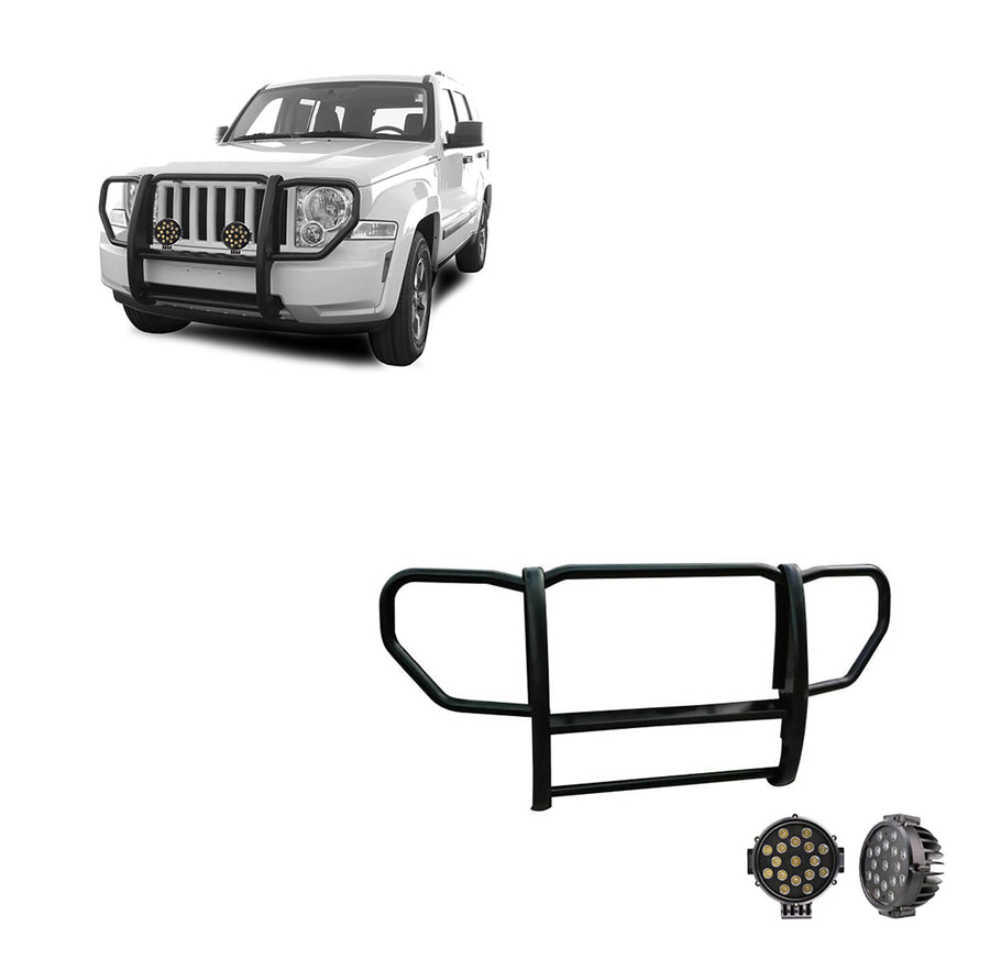 Bumper Guard Black Horse Grille brush 1-Piece Black Come With pair of 7.0"Dia.LED Lights with Trim Rings Compatible with 2008-2012 Jeep Liberty-17A086400A-PLB