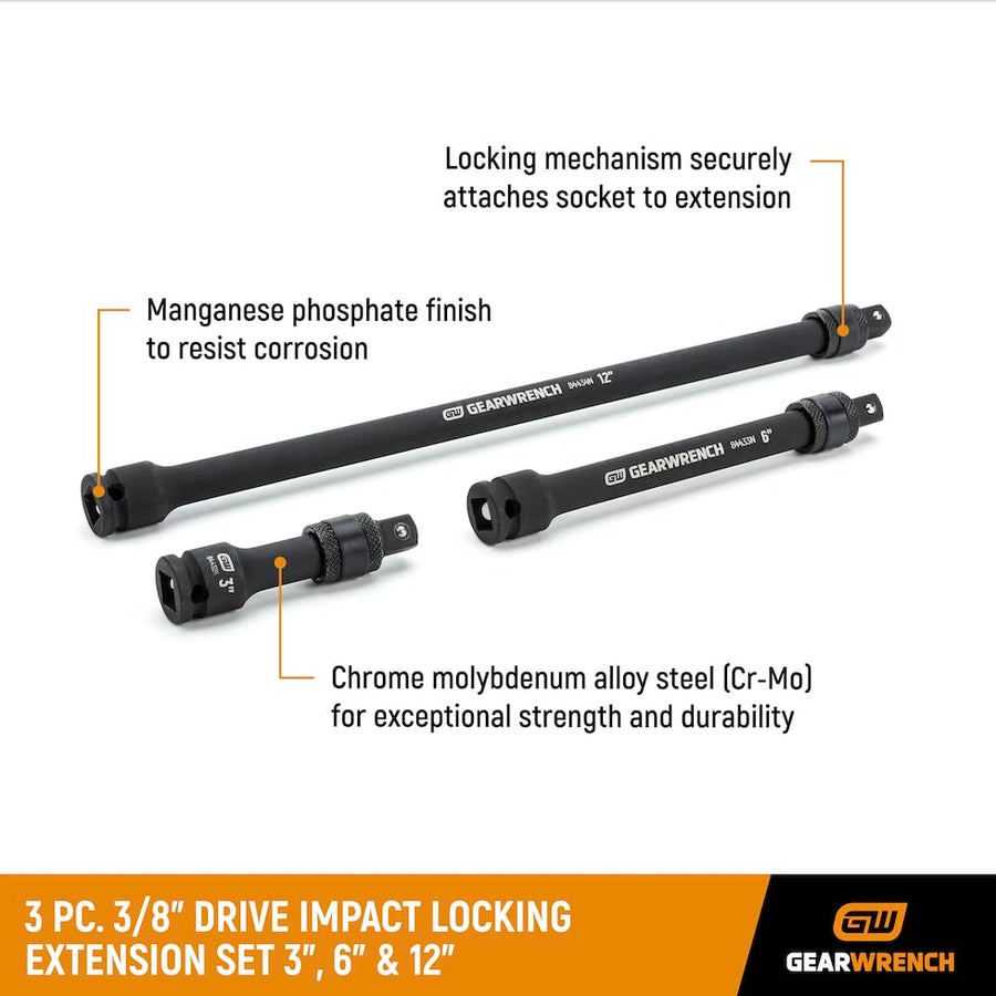 3 Pc. GEARWRENCH 3/8" Drive Impact Locking Extension Set 3", 6" & 12" - 84927N