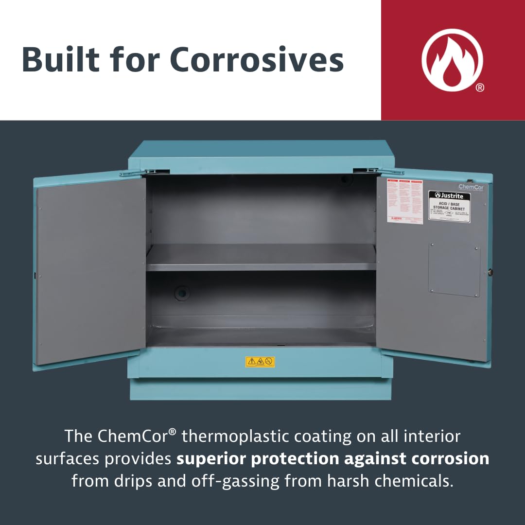 Justrite Storage Cabinet Acid Corrosive - 17 Gallon 2 Door Manual Close Chemical Cabinet with ChemCor® Coating - 18" x 24" x 43" - Made in the USA - Light Blue - 8917022