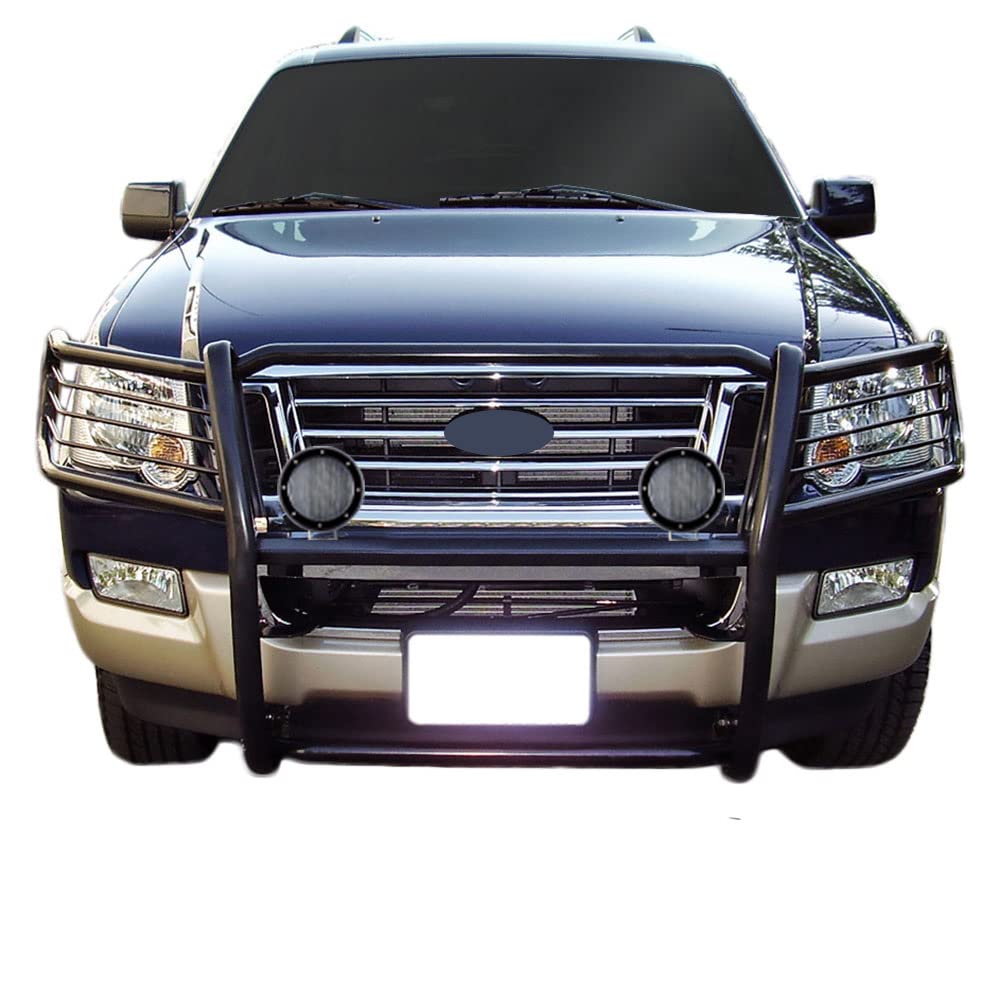 Bumper Guard Black Horse Grille Brush Modular Black Come with Pair of 5.3" Dia.LED Lights with Black Trim Rings Compatible with 2006-2010 Ford Explorer-17A047600MA-PLFB