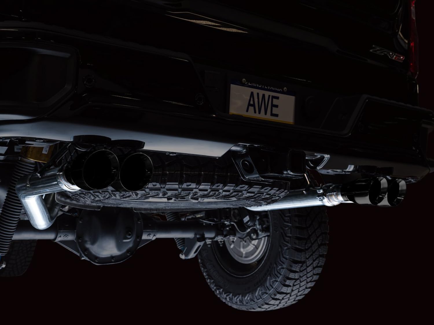 22-23 GMC Sierra 1500 AT4X AWE Tuning 6.2L 0FG Catback Split Dual (Flat Bumper) - Diamond Black Tips - 3015-43284