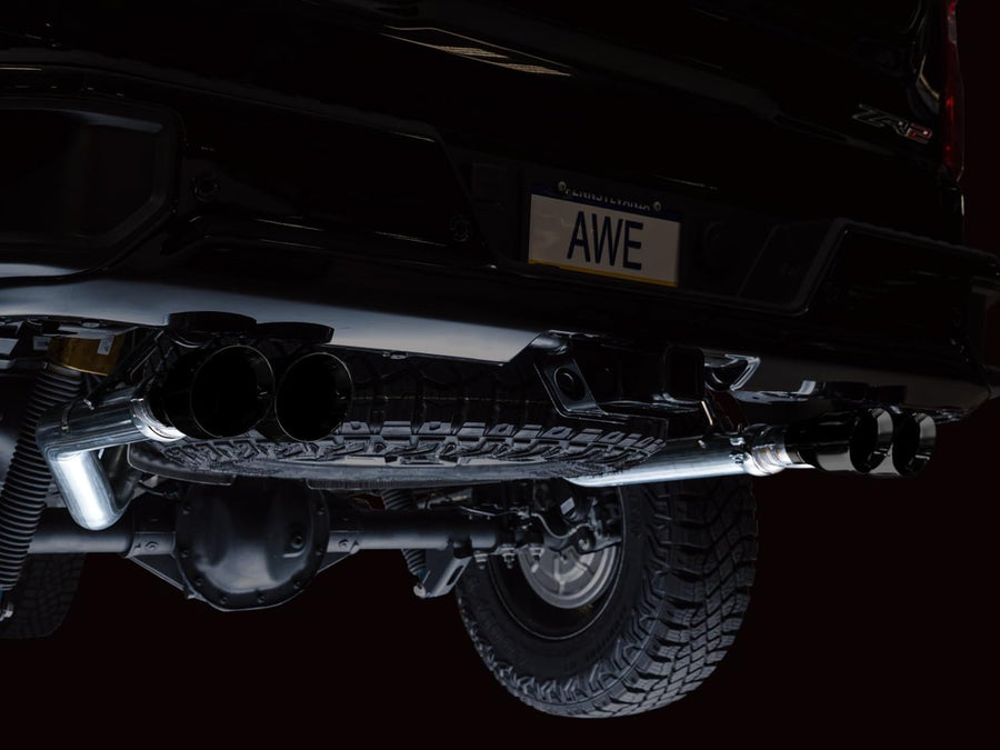 22-23 GMC Sierra 1500 AT4X AWE Tuning 6.2L 0FG Catback Split Dual (Flat Bumper) - Diamond Black Tips - 3015-43284