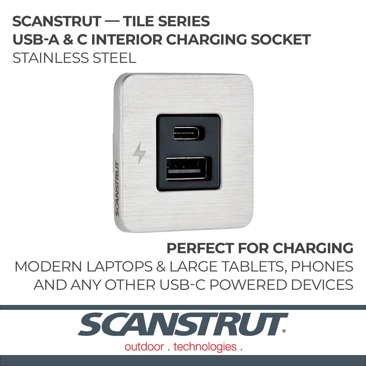 Scanstrut USB-A & USB-C SC-TILE-11 Interior Charging Socket, 12/24V Ultra-Low Profile Fast Charger, Brushed Stainless Steel Bezel, Flush-Mount USB Charger for Boats, RVs & Vehicles