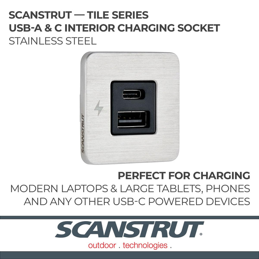 Scanstrut USB-A & USB-C SC-TILE-11 Interior Charging Socket, 12/24V Ultra-Low Profile Fast Charger, Brushed Stainless Steel Bezel, Flush-Mount USB Charger for Boats, RVs & Vehicles
