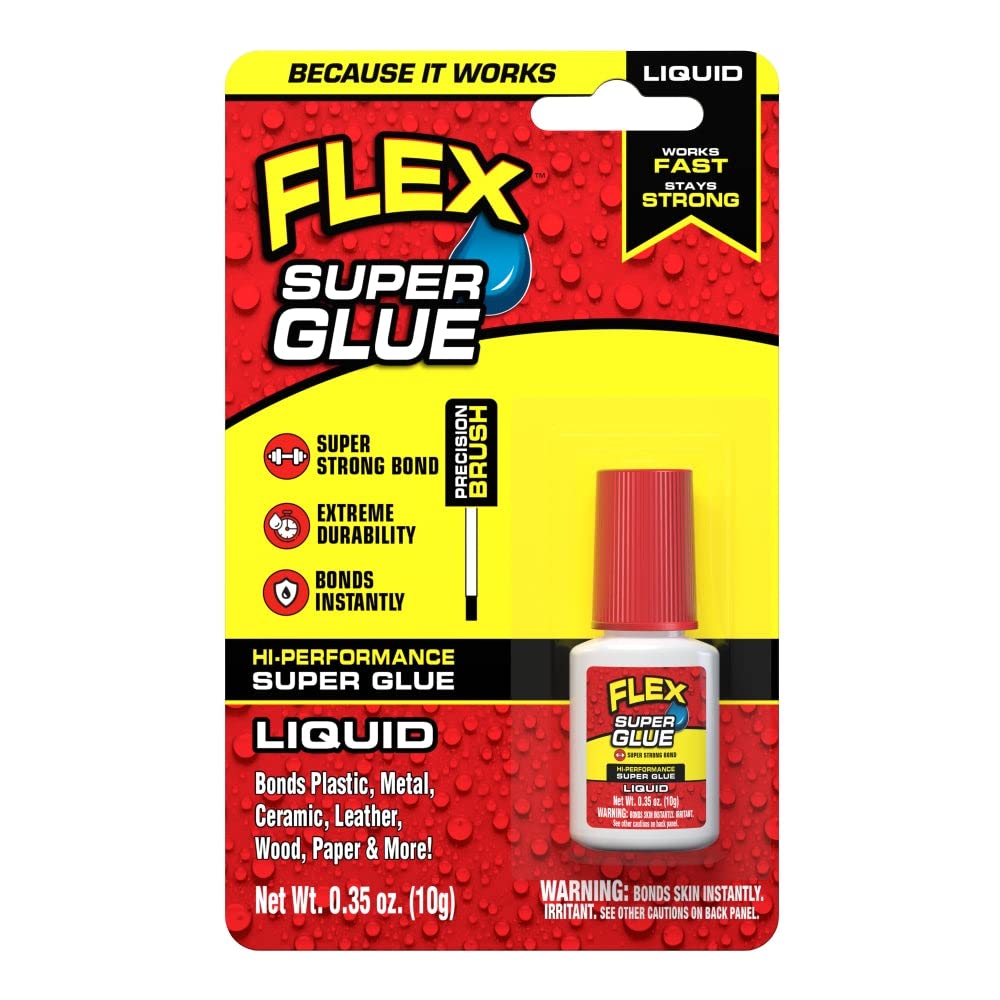 Flex Liquid Super Glue, 10 Gram Brush-On Bottle, 1-Pack, Clear, Instant Bond, Quick Dry, Cyanoacrylate Adhesive, Precision Brush for Wood, Metal, Plastic, Crafts, Ceramic, and Toy Repairs
