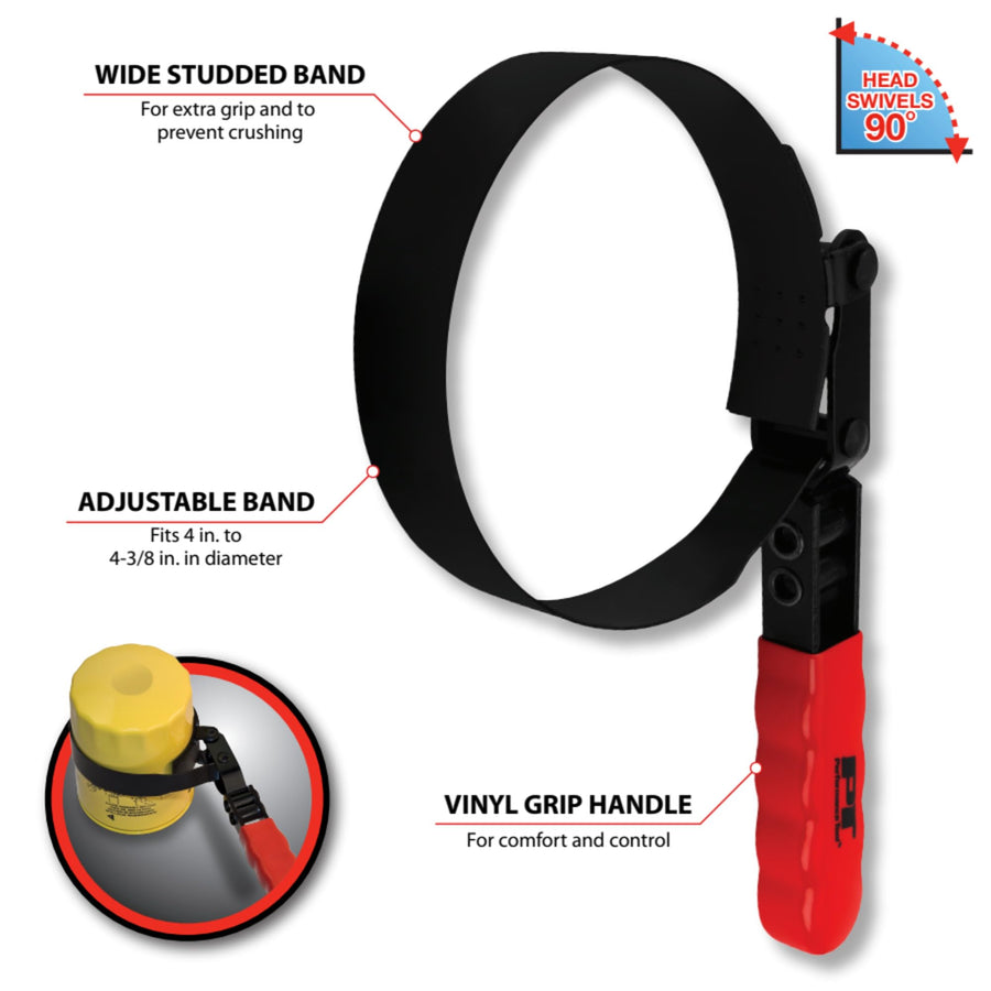 W54048 Performance Tool Swivel Handle Oil Filter Wrench for 4 to 4 3/8-Inch Filters with Studded Band and Vinyl Grip Handle