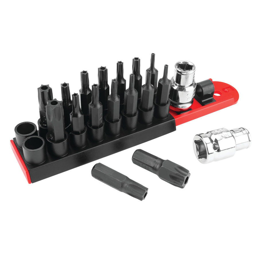 W1383 Performance Tool 16-Piece Tamper Resistant Star Bit Socket Set - Chrome Vanadium Alloy Steel with Bonus Storage Rail Included