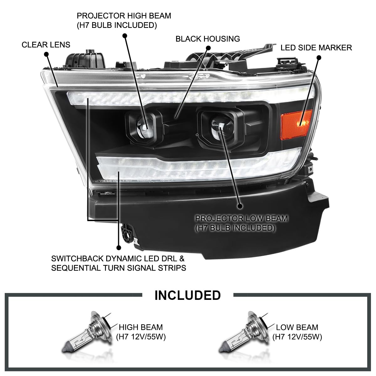 Black SPEC-D TUNING Projector Headlights w/Sequential LED Tube Signal and Startup Animation Compatible with 2019-2024 Ram 1500, Left + Right Pair Headlamps Assembly