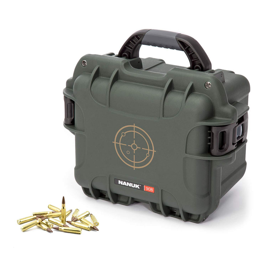 Olive Nanuk 908 Waterproof Hard Case for Gun Ammo w/White Target Logo