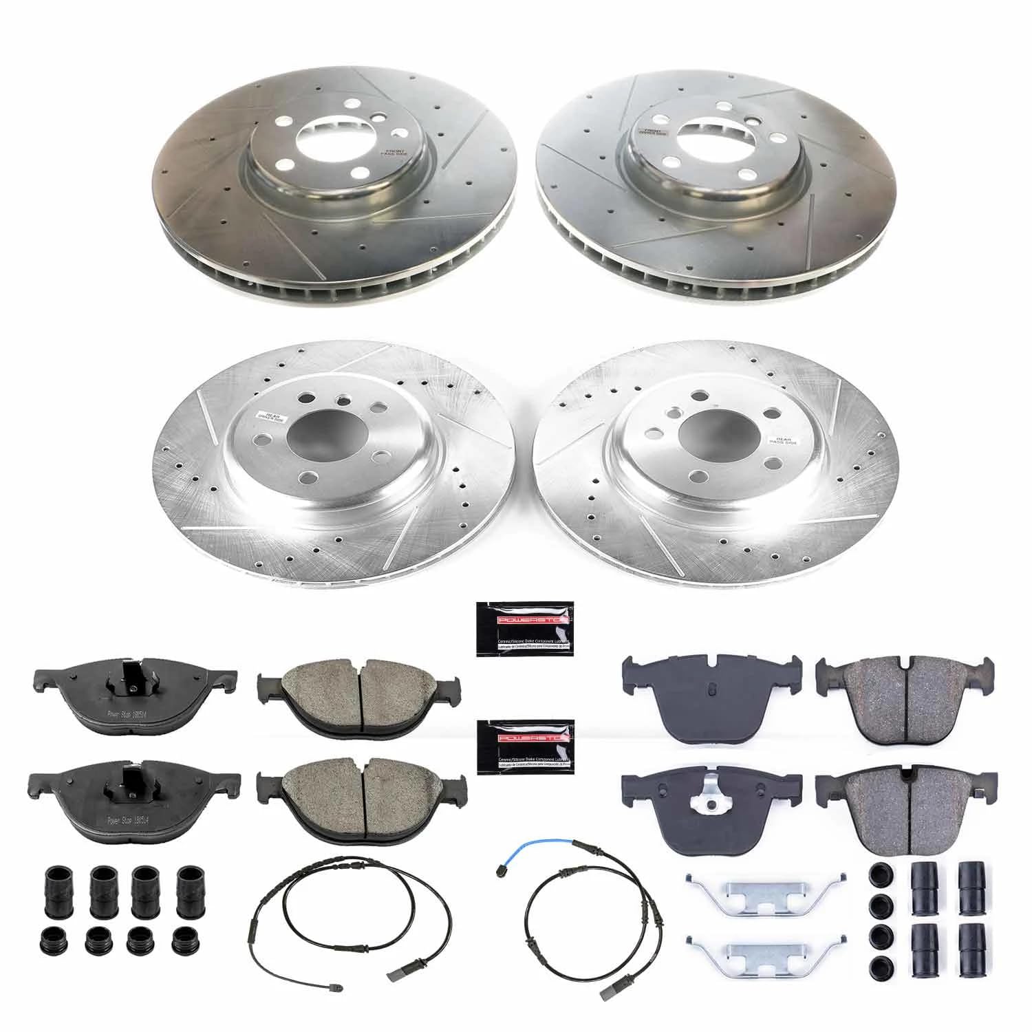 Power Stop K6027 Z23 Carbon Fiber Brake Pads Front and Rear with Drilled & Slotted Brake Rotors Kit For BMW 535i GT 2010-2017, BMW 535i GT xDrive 2011-2017 [Model Specific]