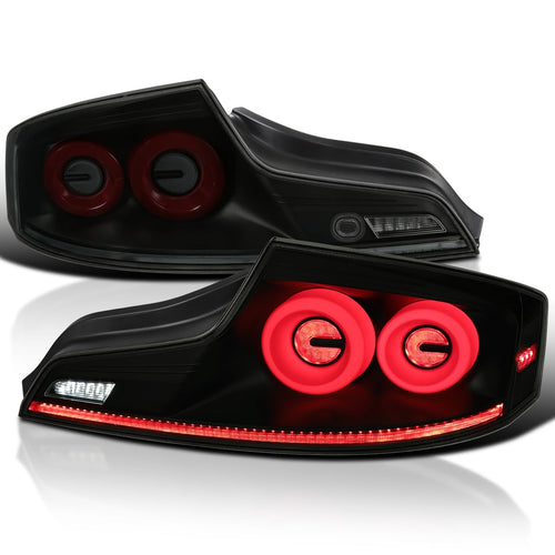 Black Smoke SPEC-D TUNING Full LED Tail Lights w/Red Fiber Optic Halo Ring, Sequential Turn Signal, and Startup Animation Compatible with 2003-2007 Infiniti G35, Left + Right Pair Assembly