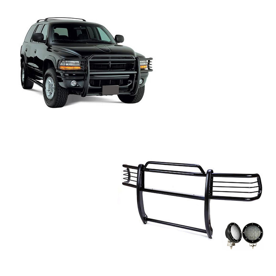 Grille Brush Black Horse Bumper Guard Modular Black Come with Pair of 5.3" Dia.LED Lights with Black Trim Rings Compatible with 1997-2004 Dodge Dakota|2000-2003 Dodge Durango-17BH23MA-PLFB