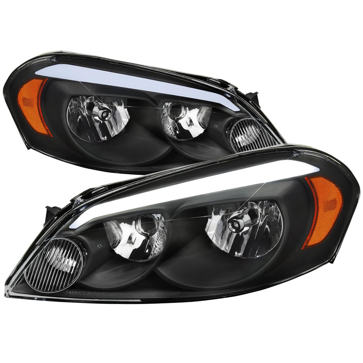 Black Headlights w/LED Strip SPEC-D TUNING Compatible with 2006-2013 Chevy Impala, 2006-2007 Monte Carlo, Left + Right Pair Headlamps Assembly