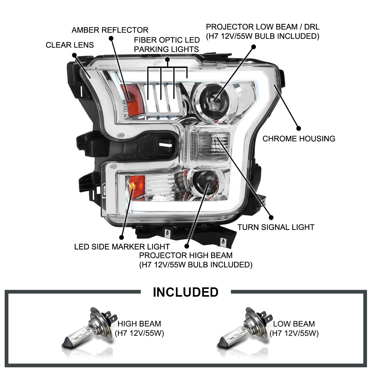 Chrome Projector Headlights SPEC-D TUNING w/LED Light Bar Compatible with 2015-2017 Ford F-150, Left + Right Pair Headlamps Assembly