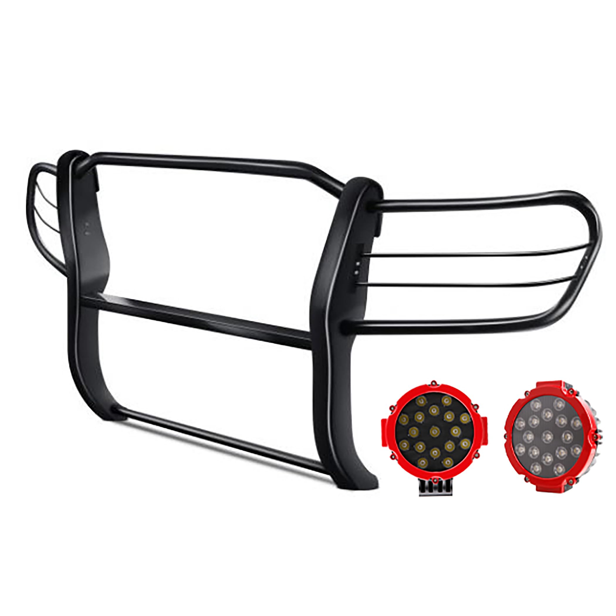 Black Horse Grille Brush Modular Bumper Guard Black Come with Pair of 7.0" Dia.LED Lights with Red Trim Rings Compatible with 1998-2007 Toyota Land Cruiser-17SG598MA-PLR