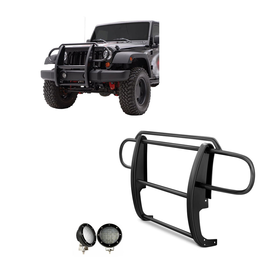 Grille Brush Black Horse Bumper Guard Modular Black Come with Pair of 5.3" Dia.LED Lights with Black Trim Rings Compatible with 2007-2017 Jeep Wrangler-17JPWRMA-PLFB