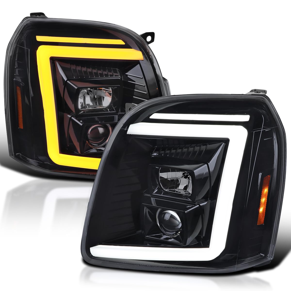Black Smoke SPEC-D TUNING Sequential LED Signal Tube Projector Headlights Compatible with 2007-2014 GMC Yukon/Yukon XL Denali 1500 2500, Left + Right Pair Headlamps Assembly