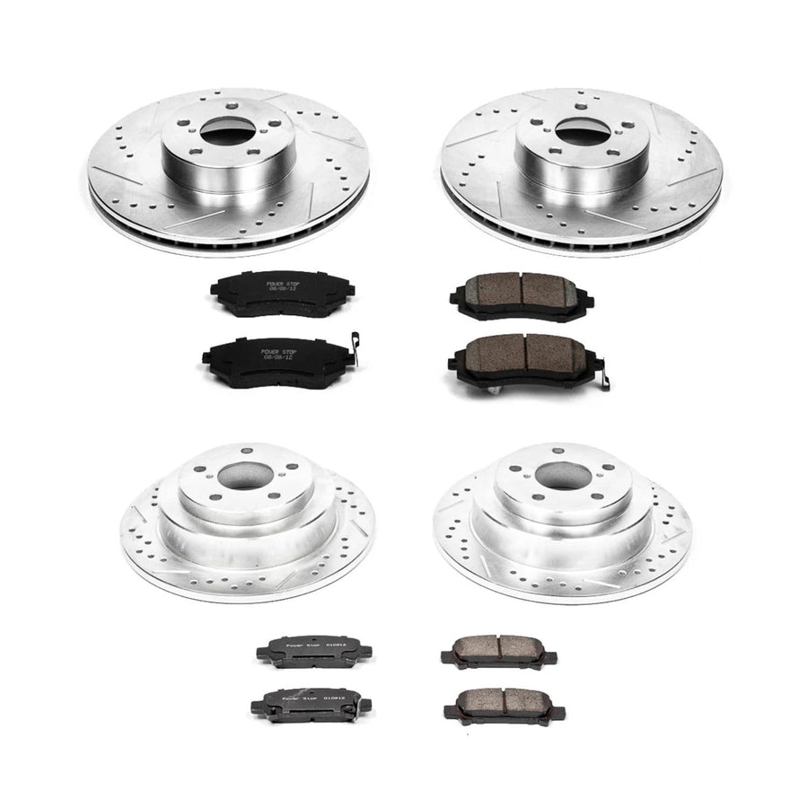 Power Stop K2377 Z23 Carbon Fiber Brake Pads Front and Rear with Drilled & Slotted Brake Rotors Kit For Subaru Forester 2003 [Model Specific]