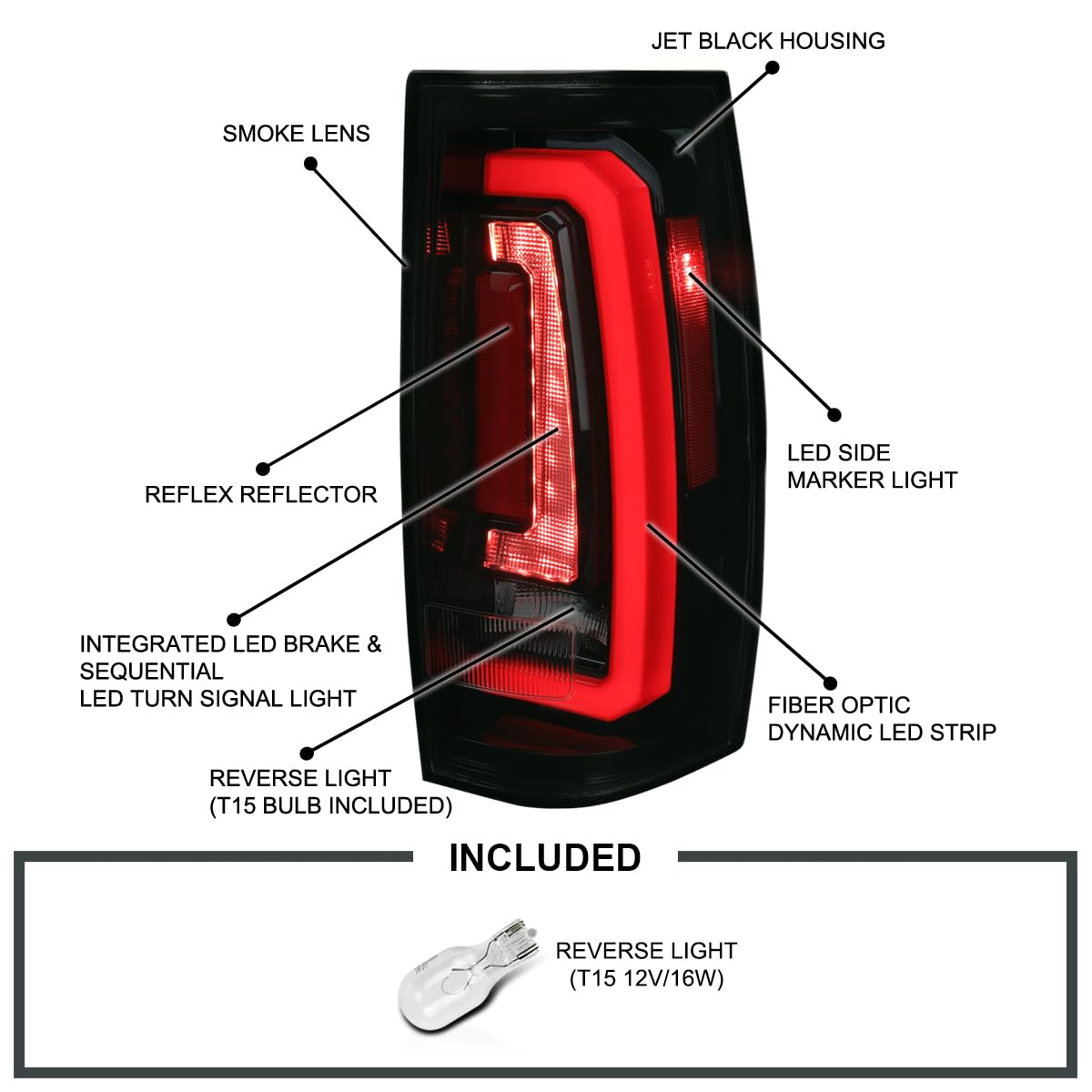 Glossy Black Smoke SPEC-D TUNING Tail Lights w/Red LED Sequential Turn Signals and Startup Animation Compatible with 2007-2014 Chevy Tahoe, Suburban, GMC Yukon/Denali/XL, Left + Right Pair Assembly